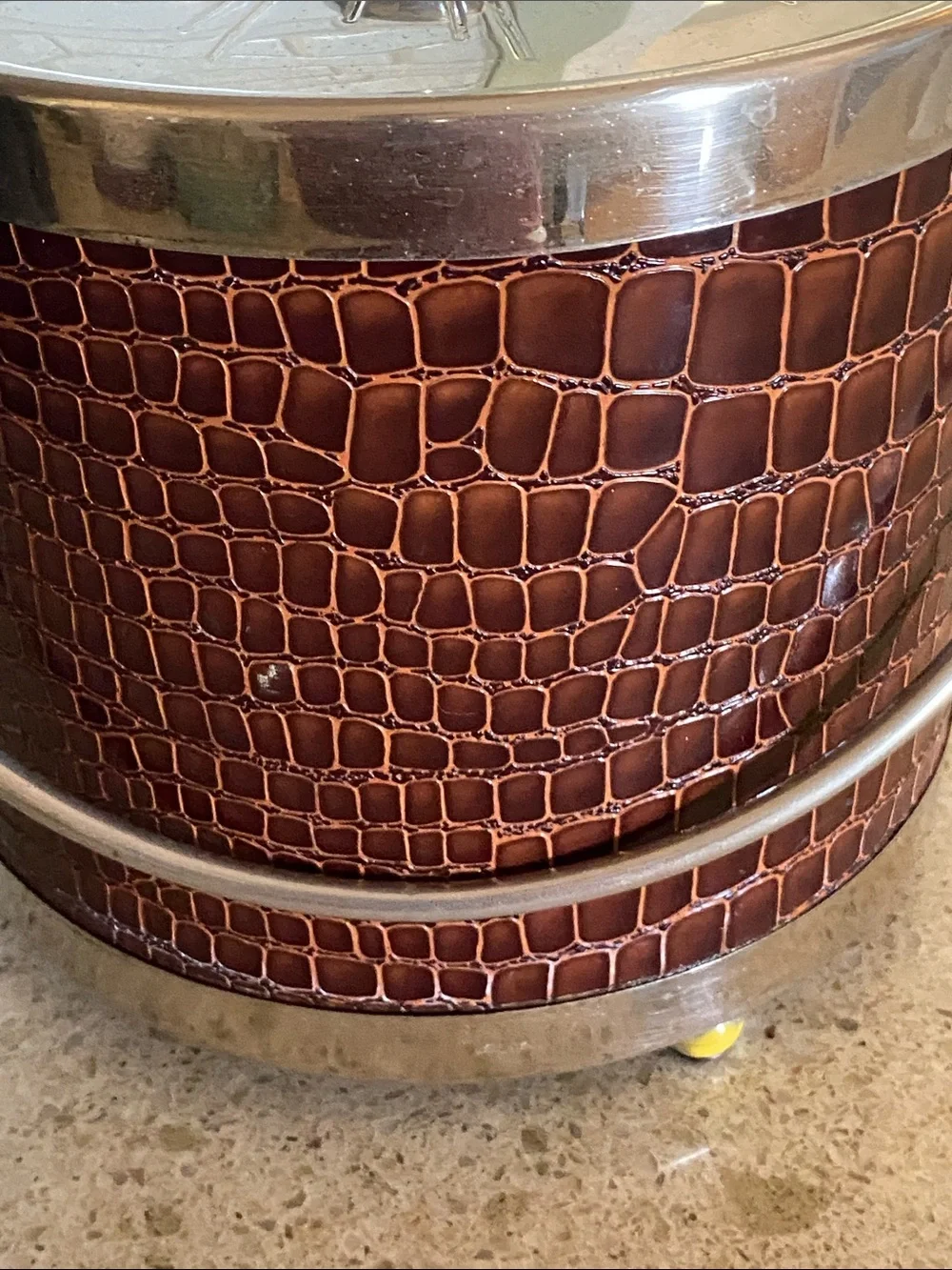 Vintage Brown Croc-Embossed Ice Bucket with Silver Tone Trim